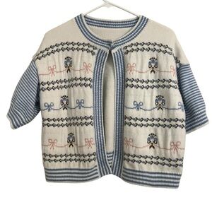 Fancy Cottagecore Knit Cardigan Blue bow White Embroidered Sweater Soft Cozy